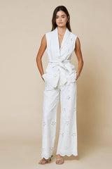 Floral Embroidery Scalloped Hem Pants