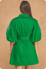 Embroidered Puff Sleeve Belted Mini Shirt Dress