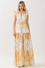 Mustard Shirts Collar Print Maxi Dress
