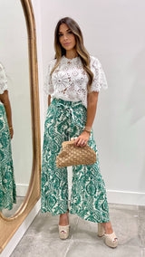 Stacey White and Green Tie Front Long Pant