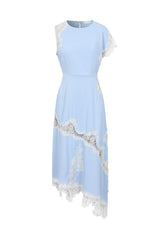 Satin Lace Asymmetric Maxi Dress in Blue
