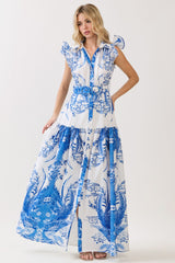 Royal Blue Shirts Collar Print Maxi Dress
