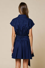 Denim Asymmetrical Button Down Front Tie Mini Dress