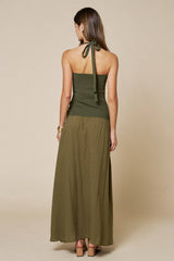 Crisscross Halter Contrast Knit & Woven Maxi Dress in Olive