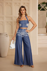 Coastal Bloom Embroidered Halter Pants Set