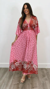 Ligure Pink Red Print Maxi Dress