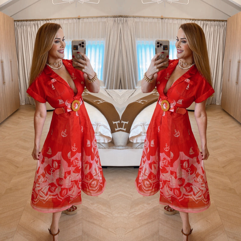 Santa Margherita Red Collared Belted Dress