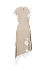 Satin Lace Asymmetric Maxi Dress in Beige