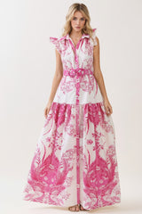 Fuchia Shirts Collar Print Maxi Dress