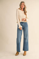 RUFFLE HEM RIBBED KNIT SWEATER CARDIGAN Blue
