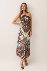 Butterfly print lace trim halter maxi dress