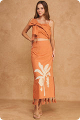 Tropical Palm Embroidered Tie-Shoulder Tassel Linen Set