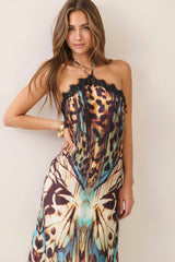 Butterfly print lace trim halter maxi dress