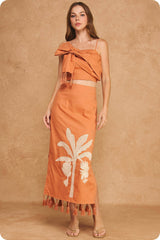 Tropical Palm Embroidered Tie-Shoulder Tassel Linen Set