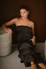 Mixed Media Strapless Fitted Maxi Dress