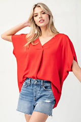 The Janet Top in Camel Denim Tomato Red