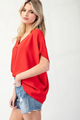 The Janet Top in Camel Denim Tomato Red