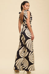 Black and Ivory Palms Tie Shoulder Jumpsuit