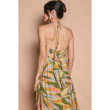 Tropical Smocked V Neck Halter Maxi Dress
