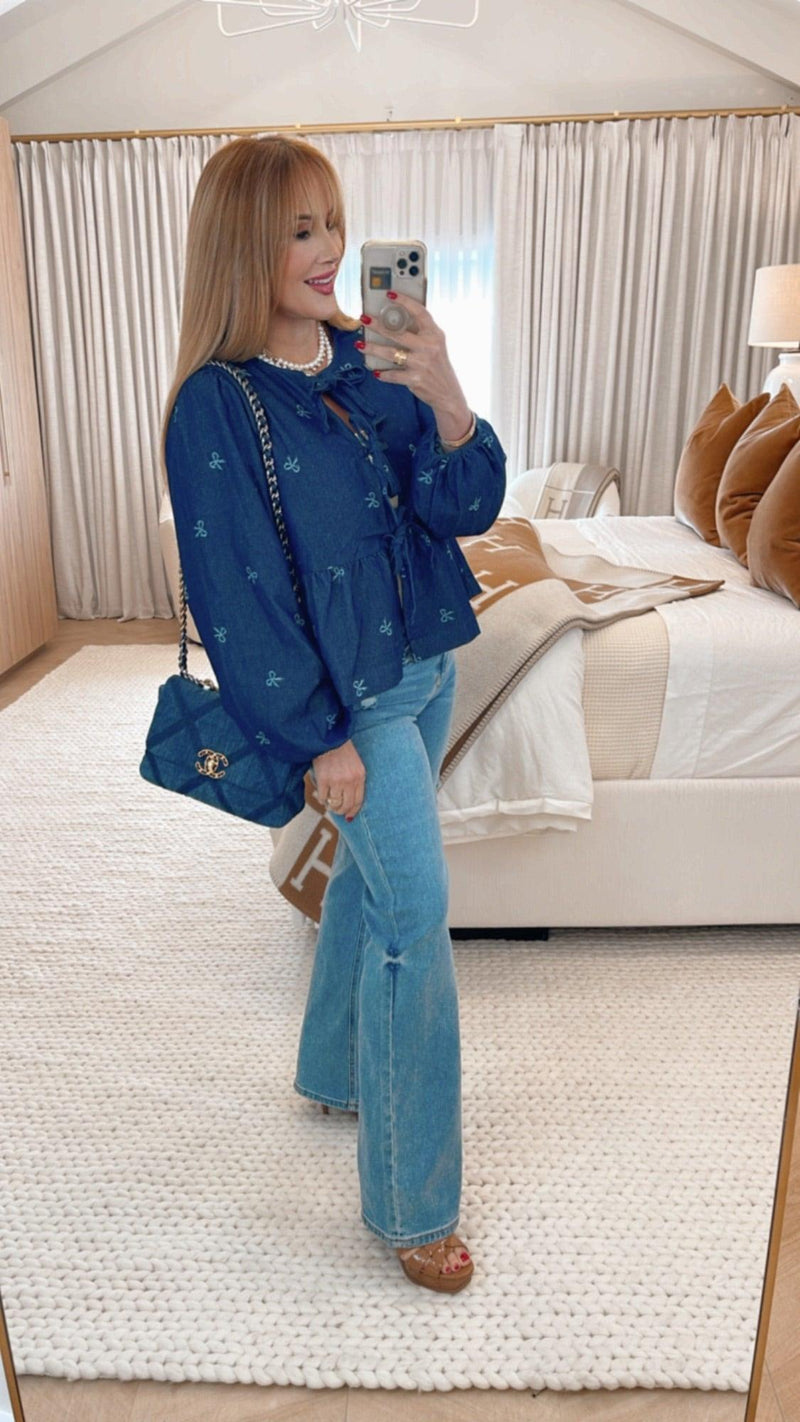 Lara Bow Print Denim Bow Tie Blouse - PRINZZESA BOUTIQUE
