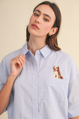 Striped Button Down Top With Dog Embroidery