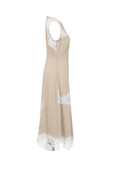 Satin Lace Asymmetric Maxi Dress in Beige