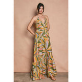 Tropical Smocked V Neck Halter Maxi Dress