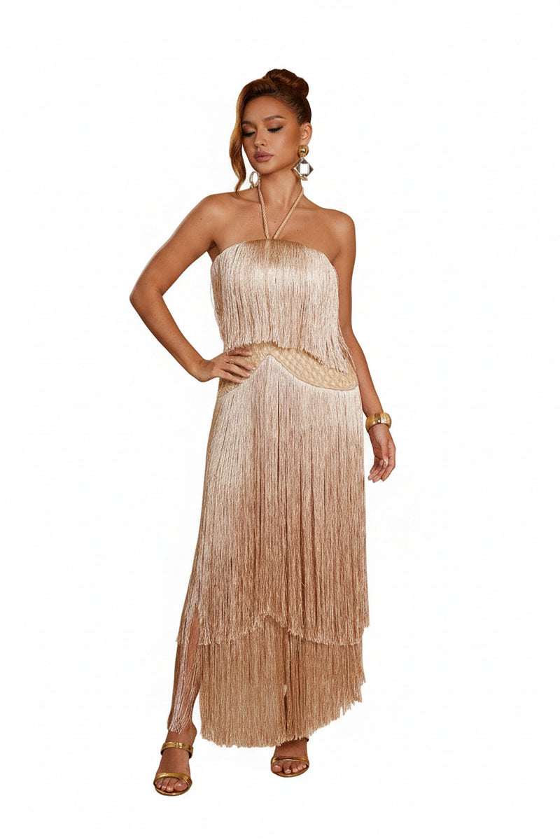 Swaying Glamour Layered Fringe Halter Dress Taupe / Small