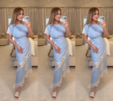 Satin Lace Asymmetric Maxi Dress in Blue