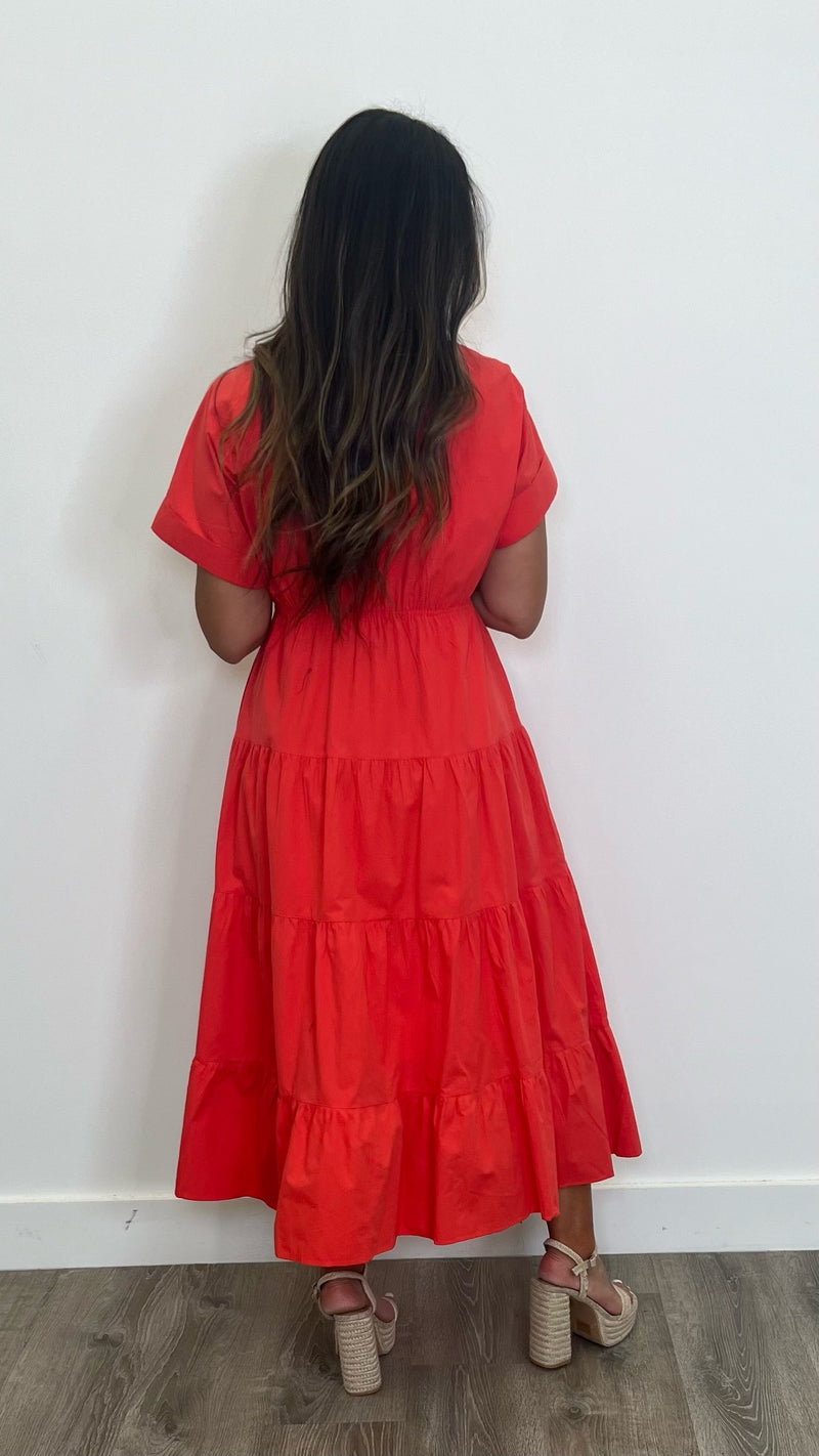 Tia's Collared Surplice Blood Orange Maxi Dress