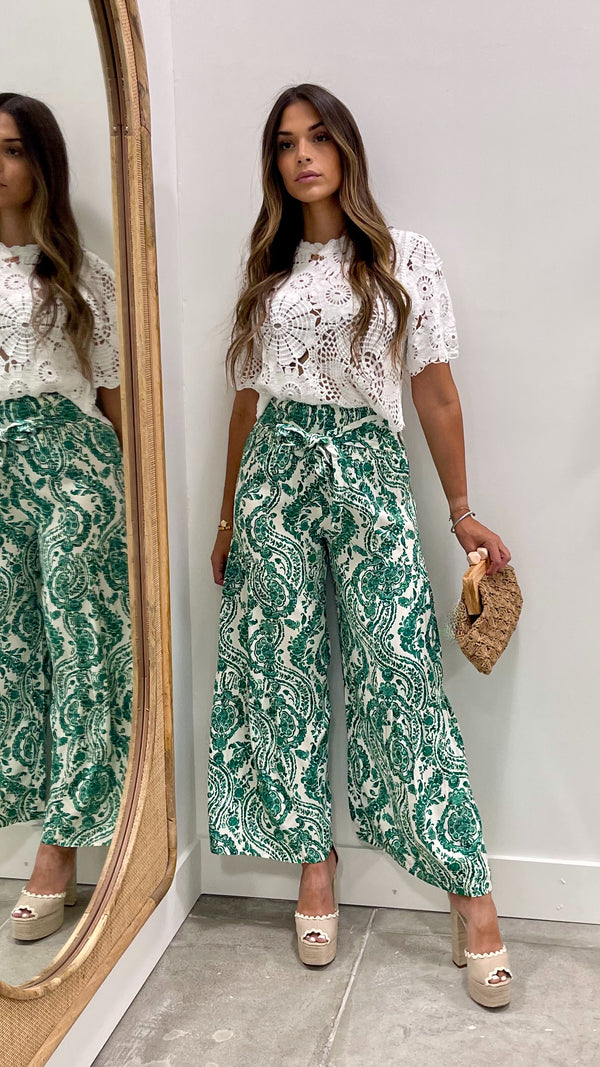 Stacey White and Green Tie Front Long Pant