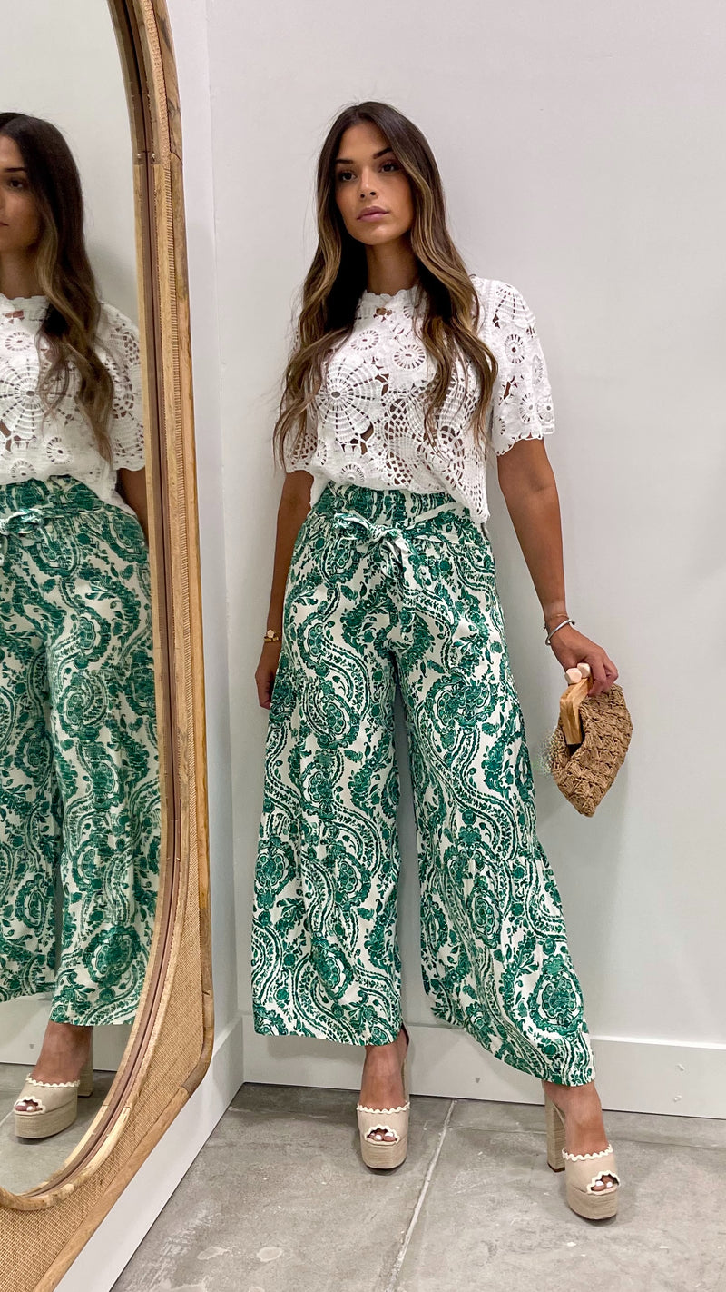 Stacey White and Green Tie Front Long Pant
