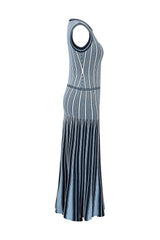 Pinstripe Knit Godet Sleeveless Midi Dress Blue