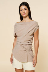 Asymmetric Ruched Top in Taupe