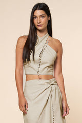 Crisscross Halter Crop Top W/ Shell & Bead Trim