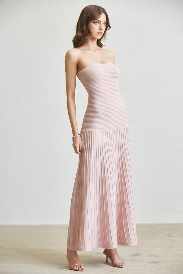 Strapless Knit Pleated Maxi Dress Baby Pink Large