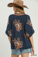 Floral Embroidered V-Neck Relaxed Top