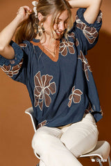 Floral Embroidered V-Neck Relaxed Top