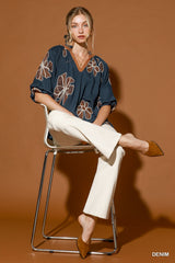 Floral Embroidered V-Neck Relaxed Top