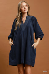 Corduroy V-Neck Puff Sleeve Shift Dress with Pockets