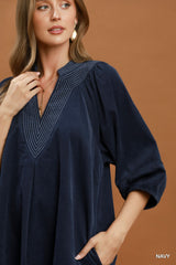 Corduroy V-Neck Puff Sleeve Shift Dress with Pockets