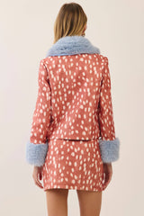 Faux fur trim animal print jacket