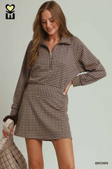 Brown Gingham Half-Zip Long Sleeve Pullover