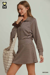 Brown Gingham Half-Zip Long Sleeve Pullover