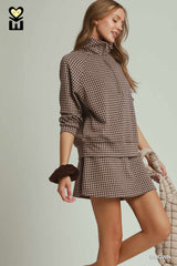 Brown Gingham Half-Zip Long Sleeve Pullover