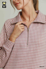 Mauve Gingham Half-Zip Long Sleeve Pullover
