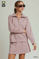 Mauve Gingham Half-Zip Long Sleeve Pullover