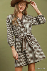 Gingham Check Belted Puff Sleeve Dress