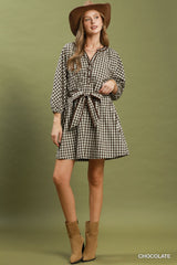 Gingham Check Belted Puff Sleeve Dress