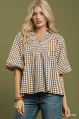 Gingham Smocked Yoke Puff Sleeve Blouse